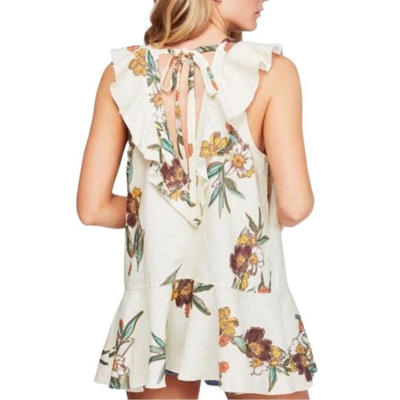 Free People Summer in Tulum Cream Floral Bow Tie Back Printed Top size Medium - Picture 2 of 14
